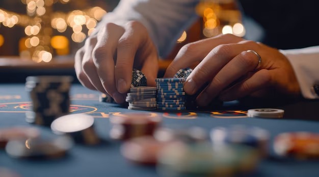 rf66 Texas Poker interface on mobile phone showing hole cards, community cards, and betting controls